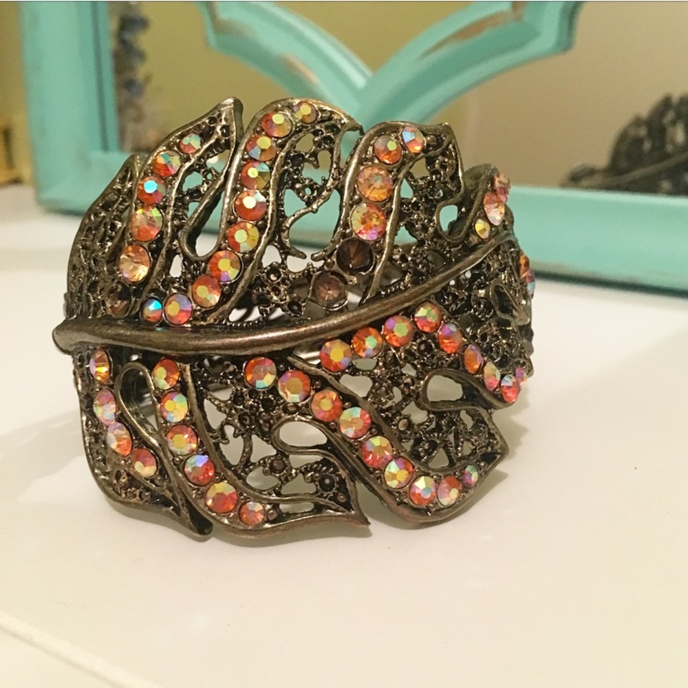 Bronze Leaf Bracelet Orange Iridescent Rhinestones
